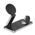 4-in-1 magnetic wireless charger in black or white metal or plastic, 150 x 75 x 29.6mm, with USB-C input and 15W phone output
