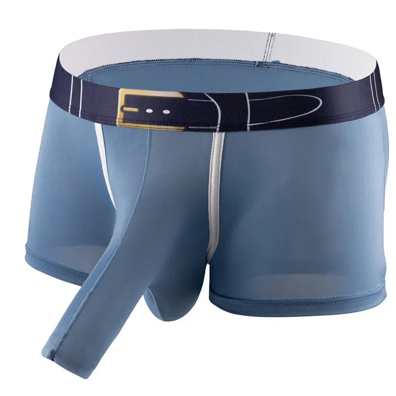 Men's solid colour ice silk boxer briefs on a mid waist model, showing the gray, black, blue, and green colour options.