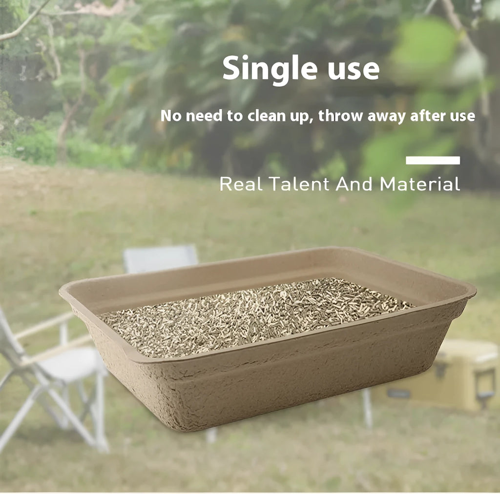 Brown disposable biodegradable cat litter box showing three size options for waterproof temporary use