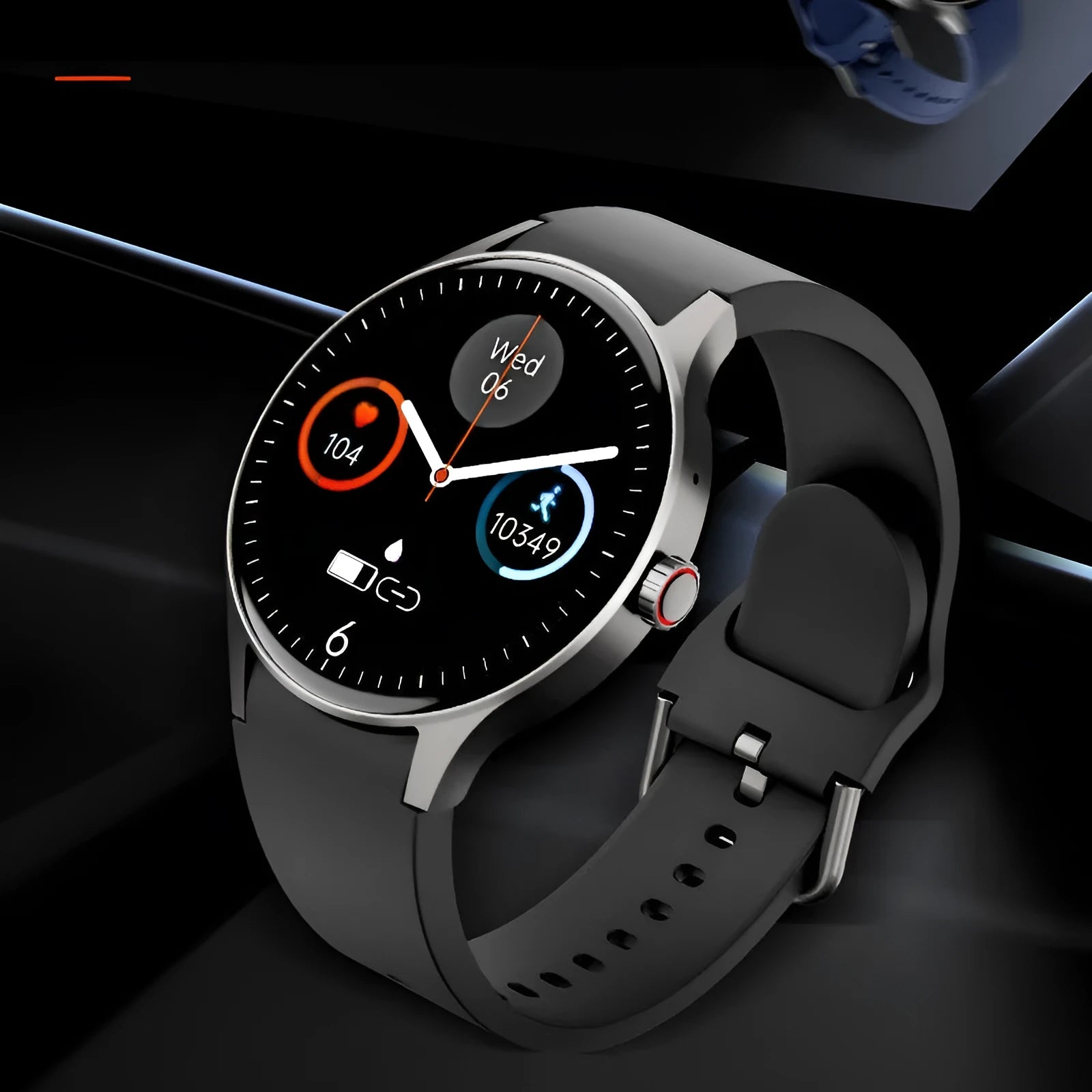Smart watch with blood sugar detection on wrist, showing AMOLED screen and optional leather strap.