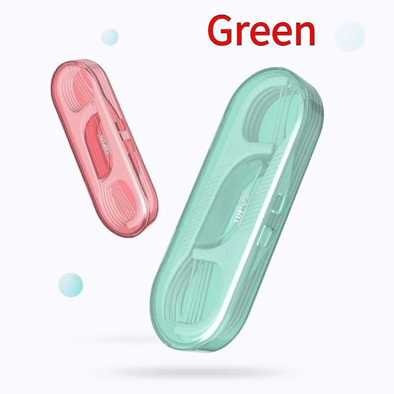 Portable dental floss in plastic packaging measuring 180x238mm with 100 or 108 piece options