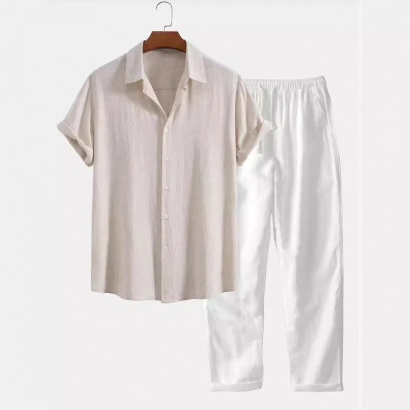 Men's loose-fit linen-look shirt and trousers casual suit set in a solid colour