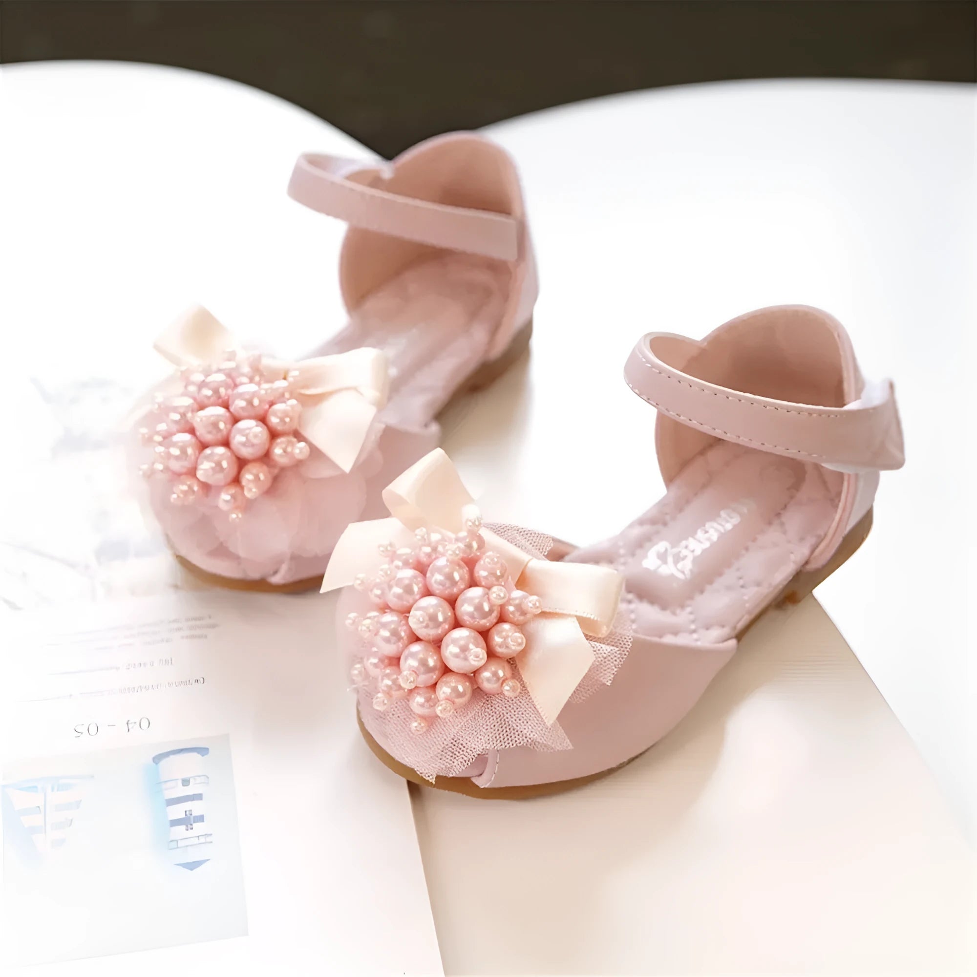 Girls princess peep toe sandals with pearl flower, PU leather upper, TPR sole, Velcro strap, in beige and pink