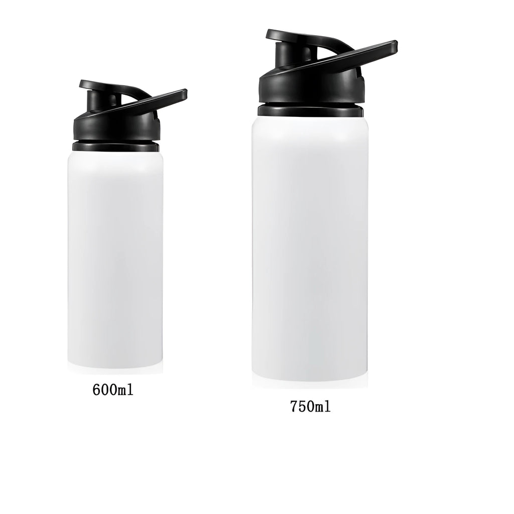 White aluminium sports cycling water bottle for cold drinks with 600ml and 750ml capacity options
