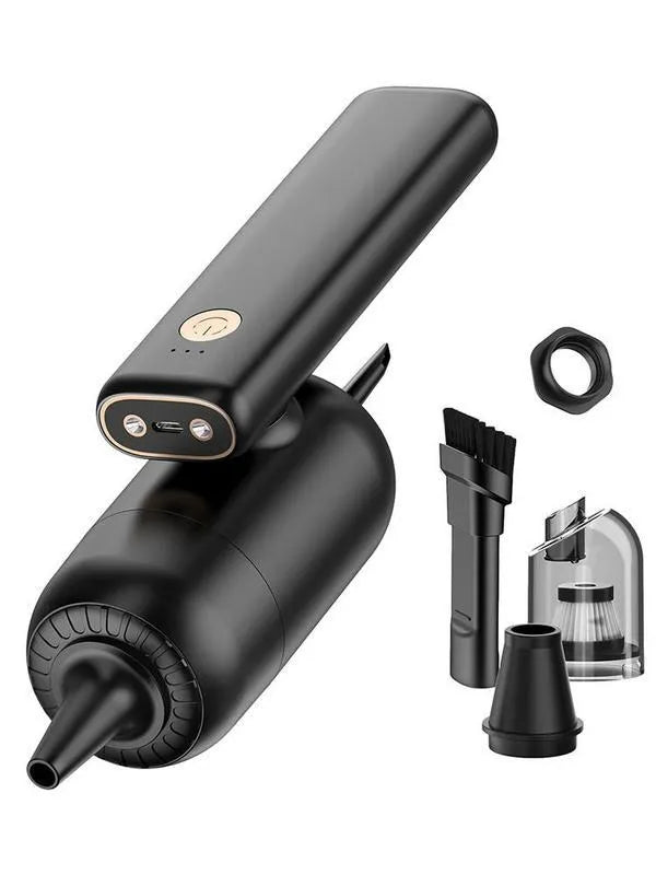 Black car charging vacuum cleaner with crevice nozzle and brush nozzle on a white background