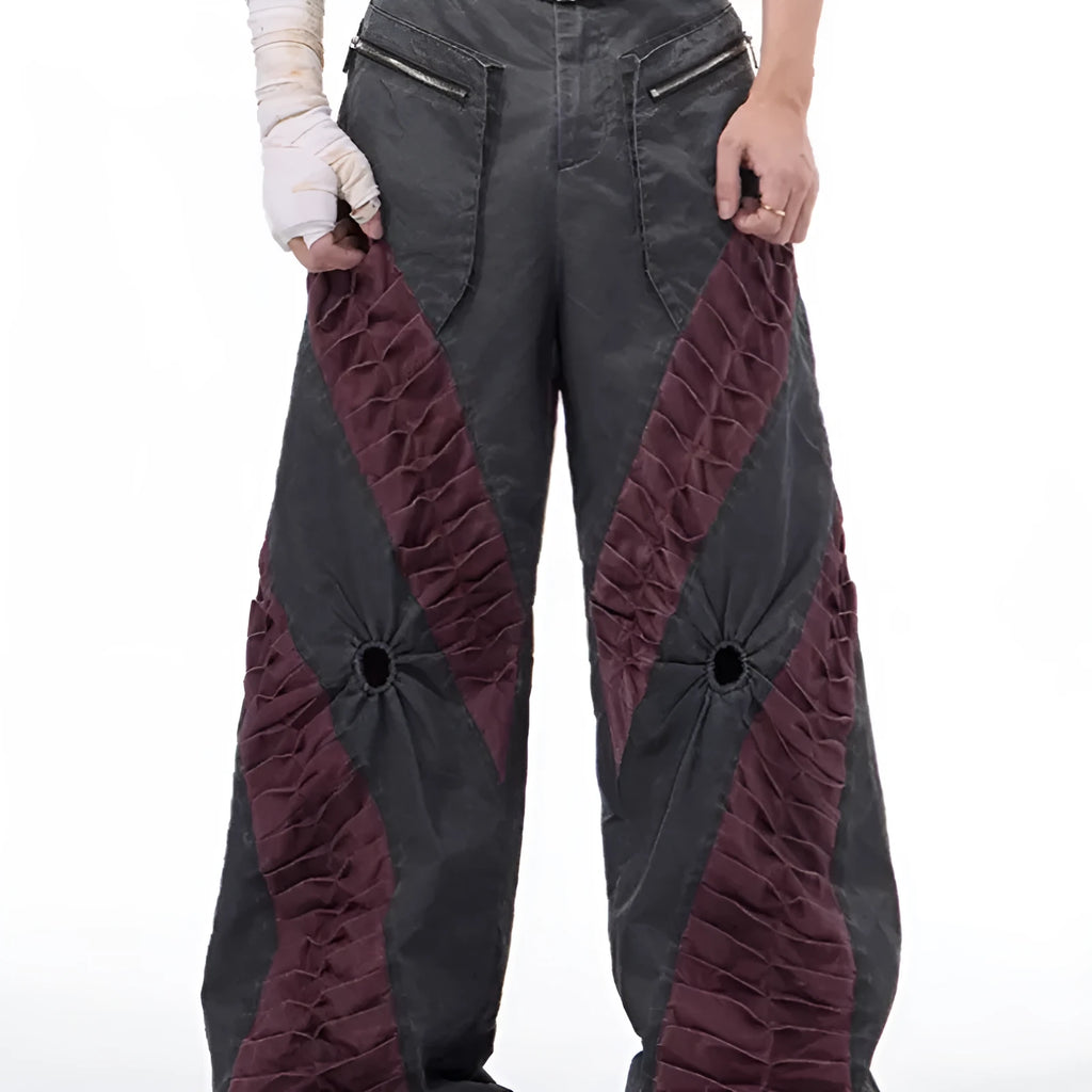Retro three-dimensional keel casual sports pants in grey rayon viscose fabric, showing tight fit and straight hem.