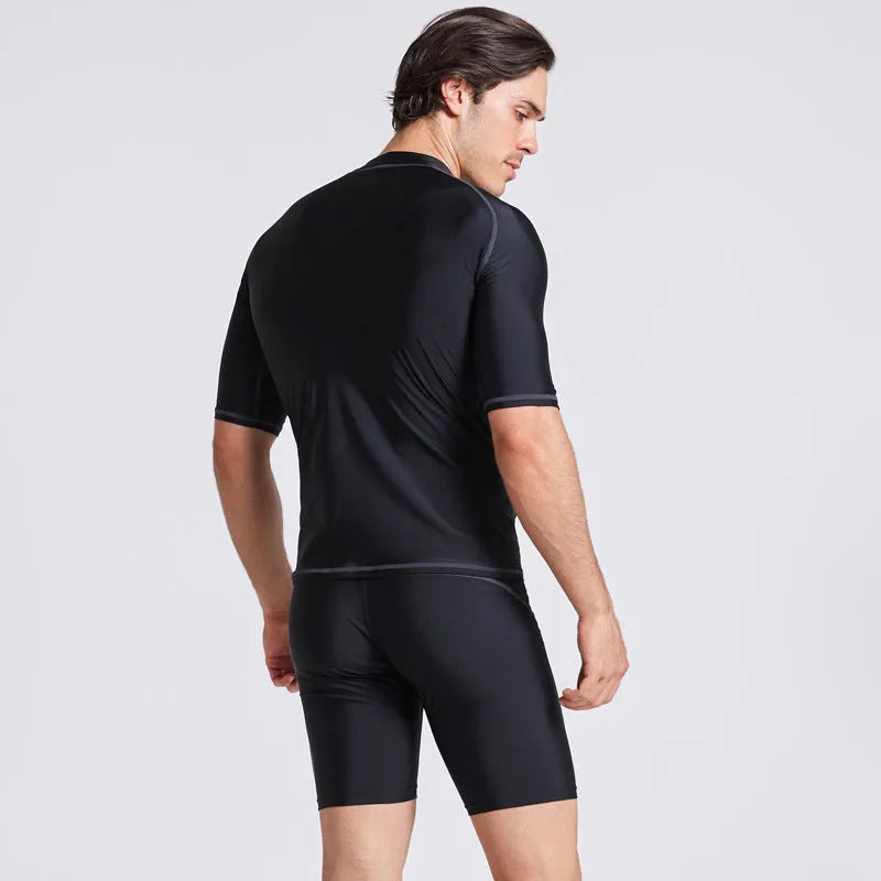 Men's blue quick-dry half sleeve swimsuit for surfing and snorkelling with nylon fabric