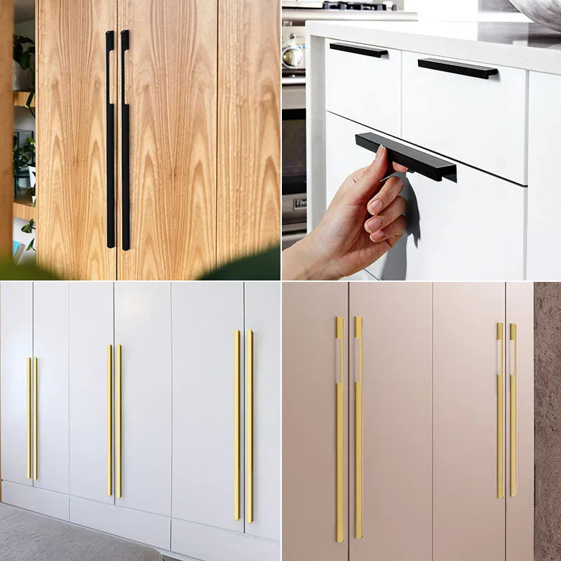 Gold coloured T-shaped aluminium alloy single hole cabinet door handle on a white background.