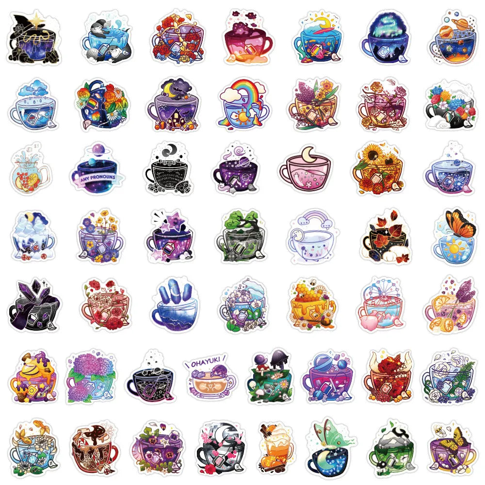 Colourful tea cup graffiti design waterproof stickers in a pack of 50 for DIY decoration.