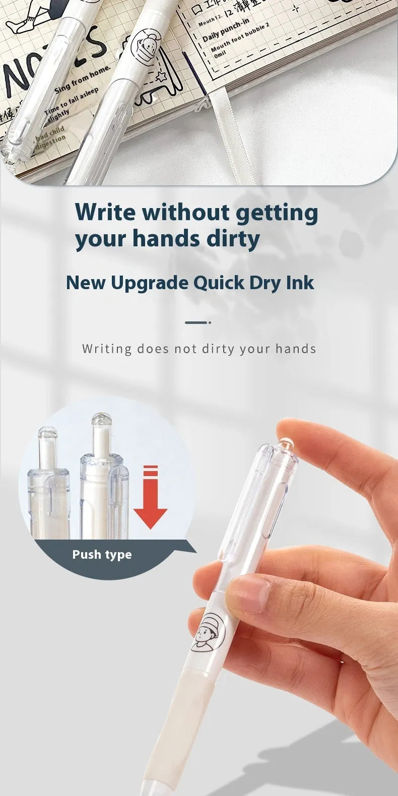 Set of five white ballpoint pens with black ink and 0.5mm tips on a table.