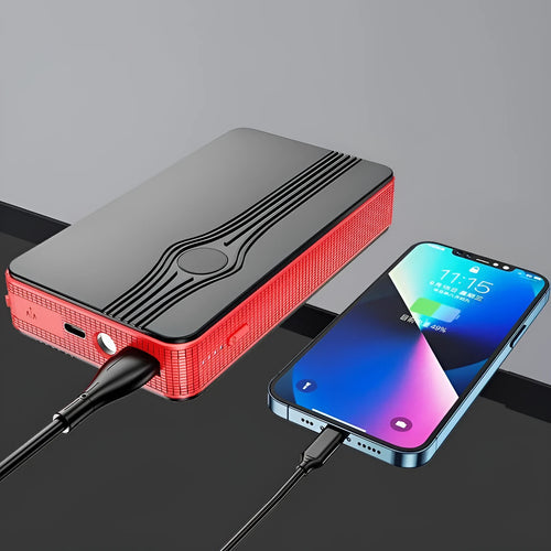 Red K4-E automobile emergency starting power supply unit with data cable, showing compact dimensions