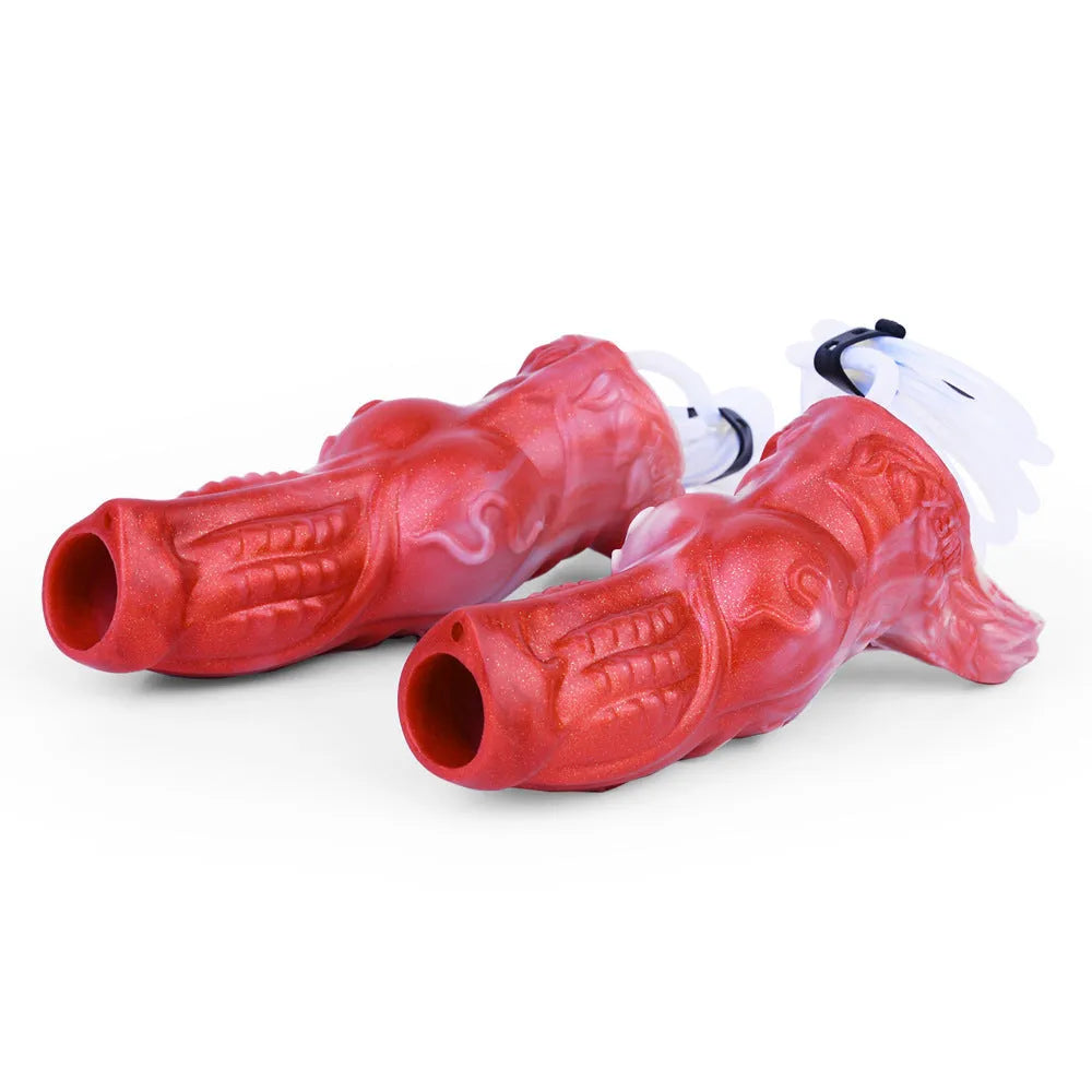 Water spray silicone condom toy set with manual syringe control, includes airbag and balloon attachments