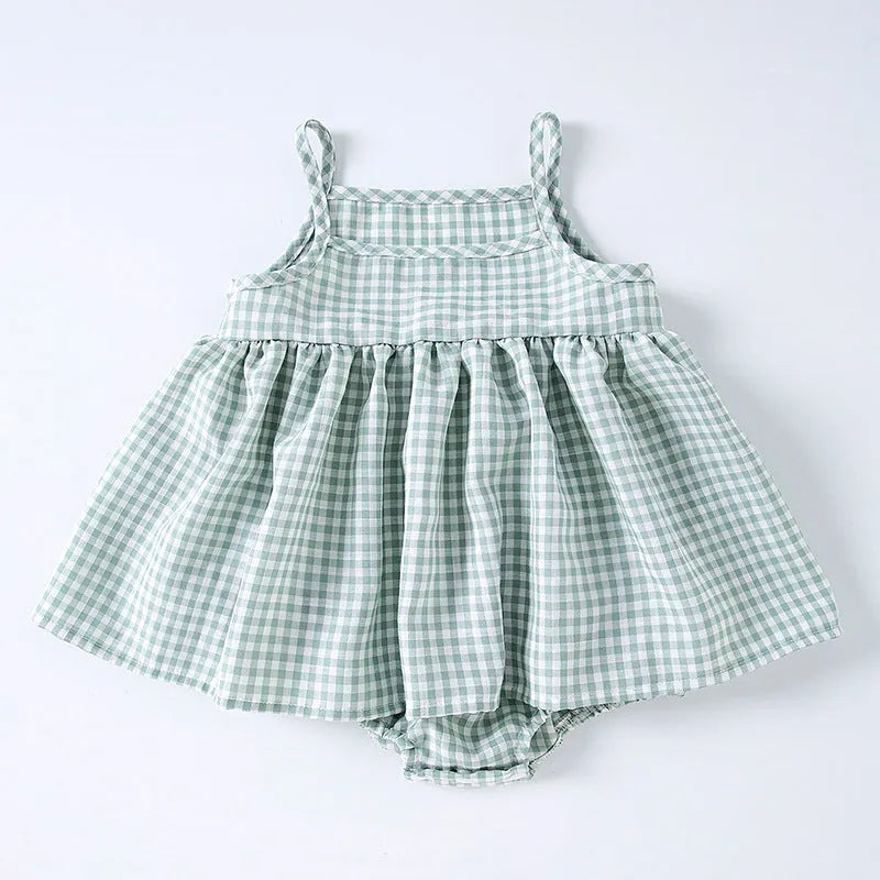 Plaid baby sling romper dress in pink or light green, princess style, sizes 68, 74, 80, and 86
