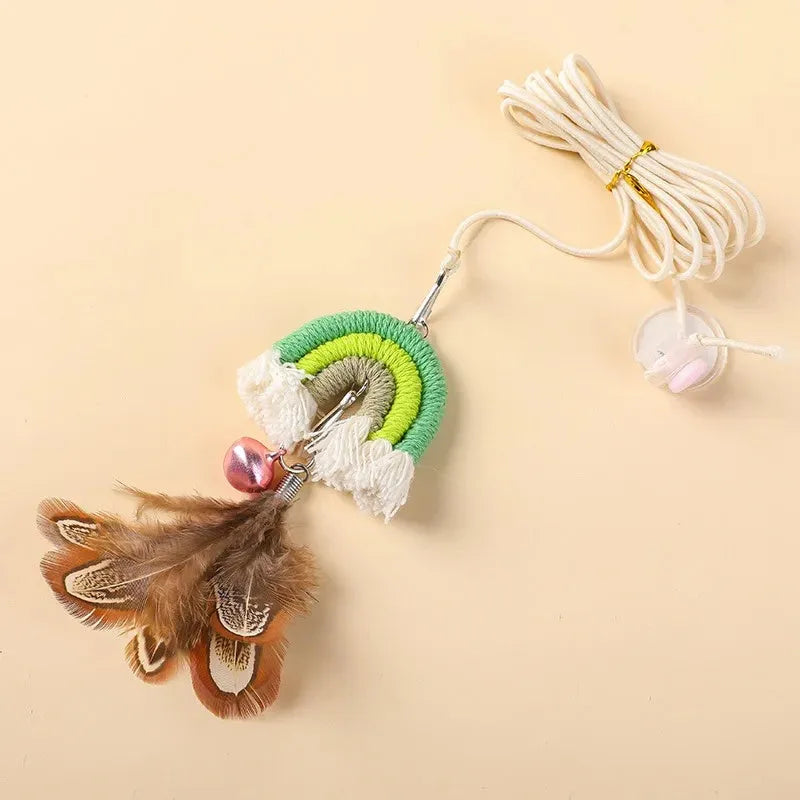 Feather cat rope toy with elastic door swing and sticky buckle clamp in blue, green, or pink colours