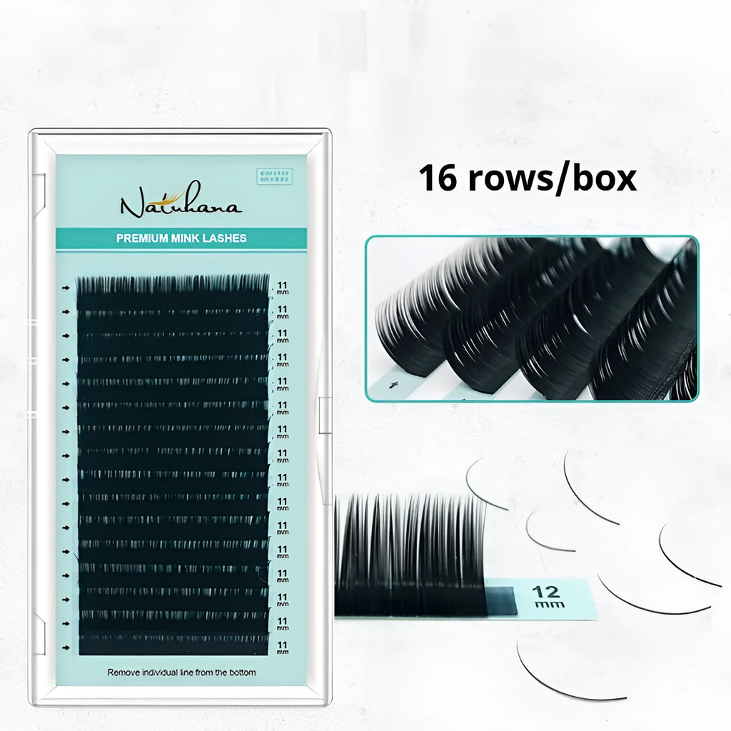 Soft velvet false eyelashes showing range of curl types and lengths from 7mm to 15mm.
