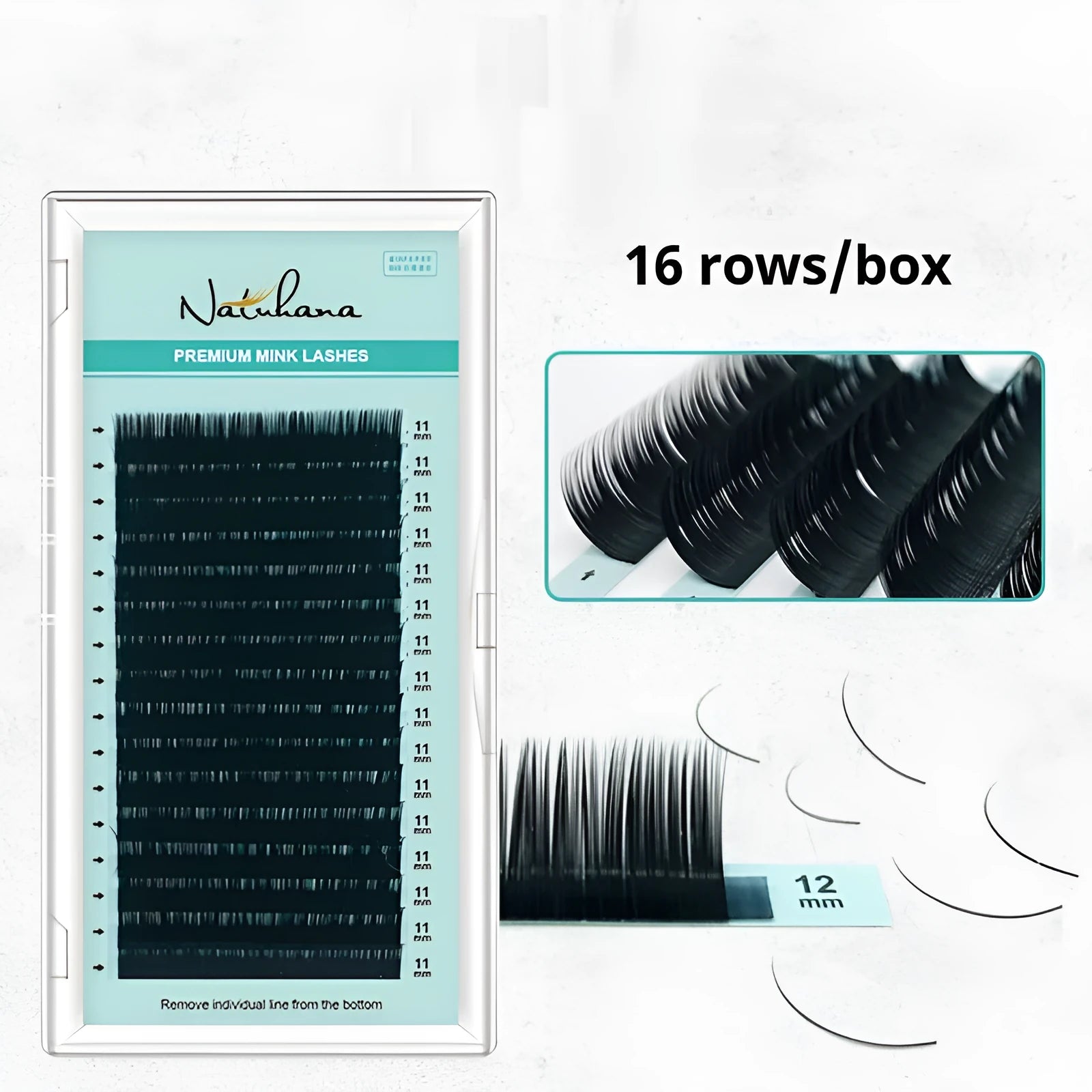 Soft velvet false eyelashes showing range of curl types and lengths from 7mm to 15mm.