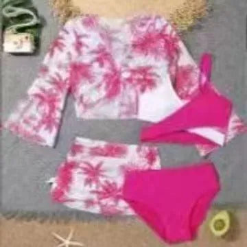Children's 4-piece high waist bikini swimsuit set with striped floral pattern, polyester fabric, sizes 130-160