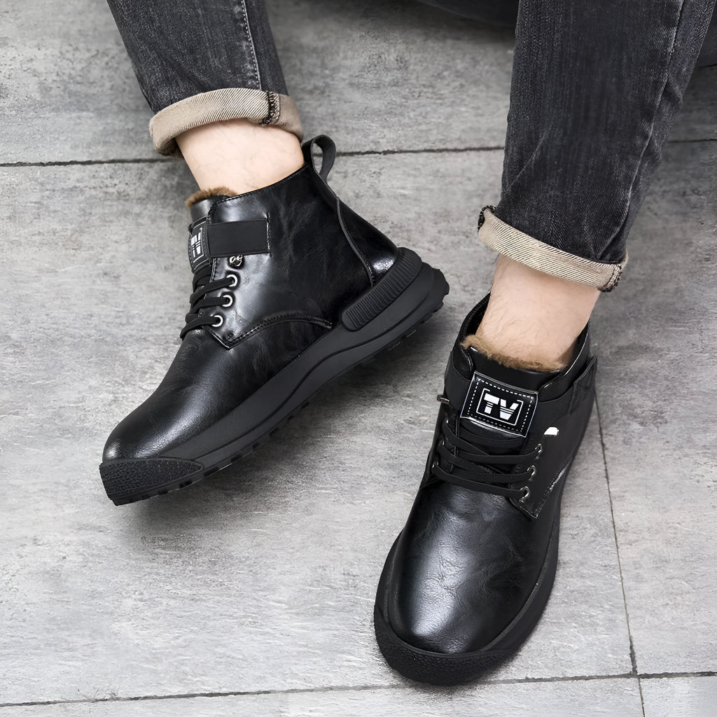 Black and brown high-top platform Martin boots for men with artificial PU leather upper and rubber sole