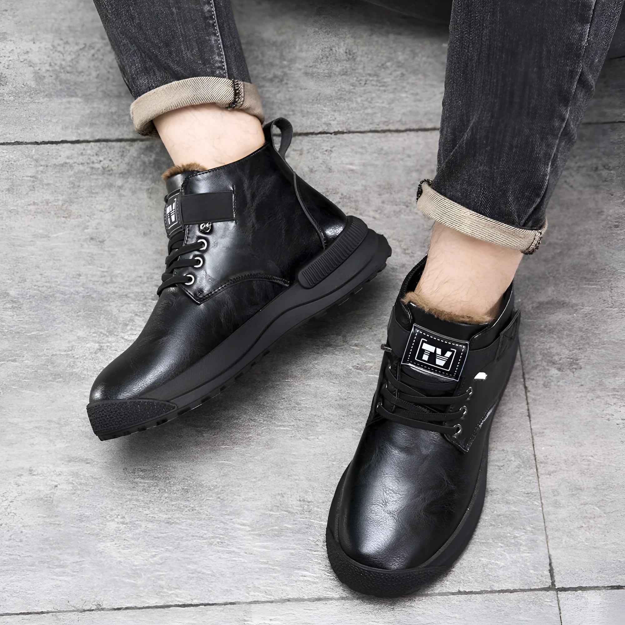 Black and brown high-top platform Martin boots for men with artificial PU leather upper and rubber sole