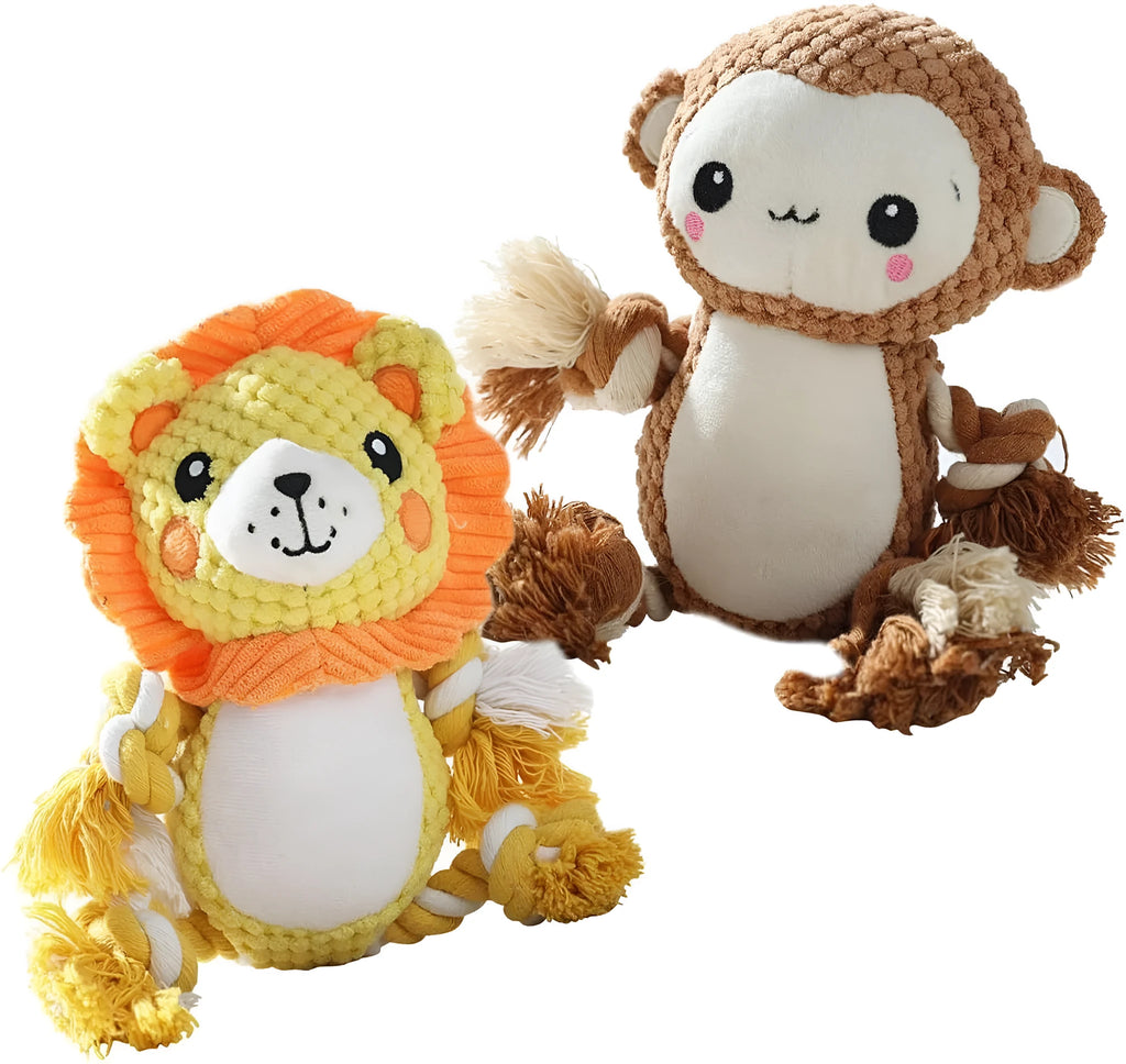 Squeaky monkey plush toy and lion plush dog toy bundle on a white background.