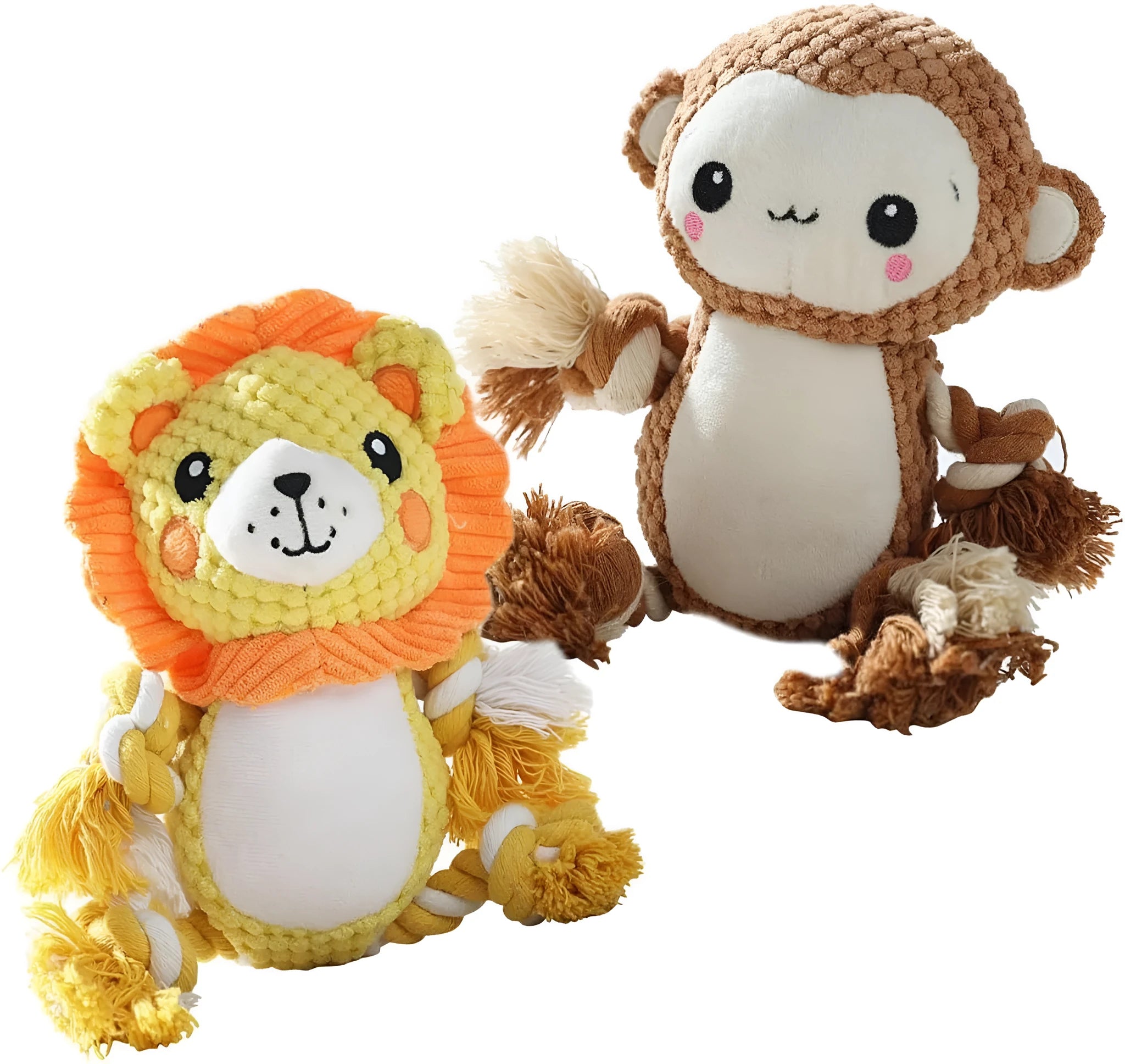 Squeaky monkey plush toy and lion plush dog toy bundle on a white background.