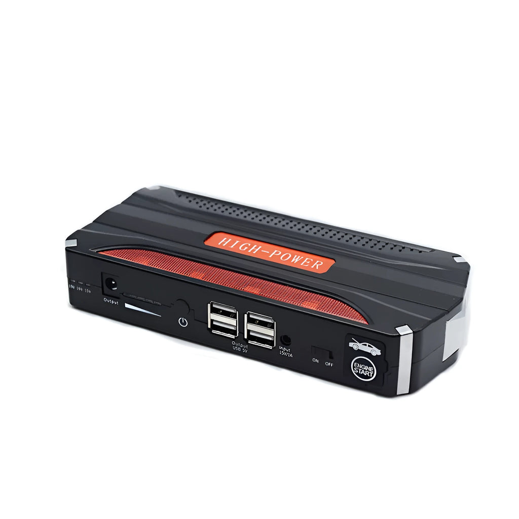 Black and red coloured portable 12V car jump starter emergency power supply unit.