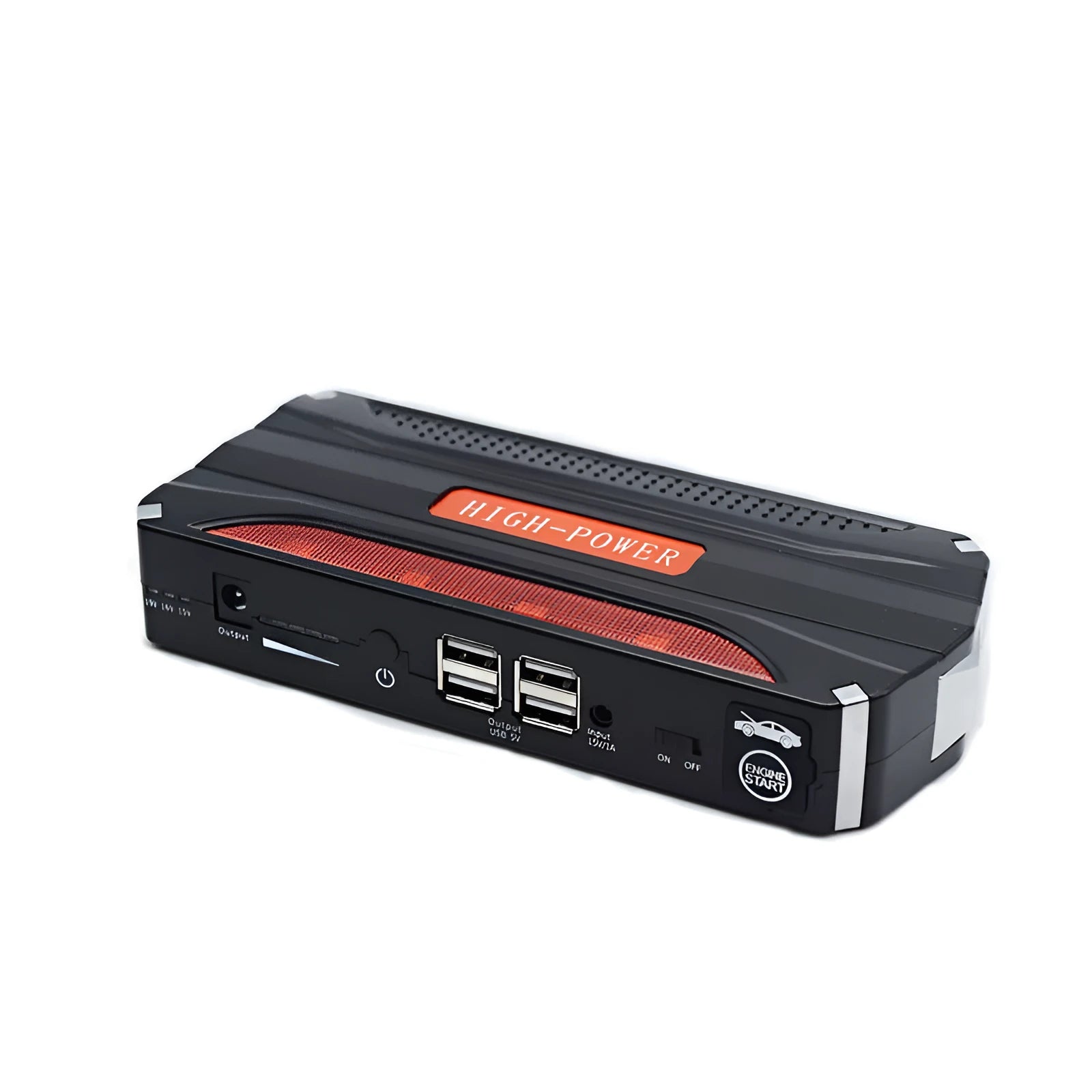 Black and red coloured portable 12V car jump starter emergency power supply unit.