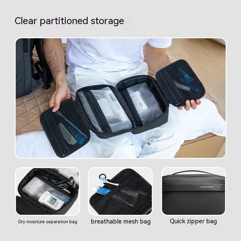 Men's portable Oxford cloth toiletries bag with wet dry separation compartments in graphite gray.