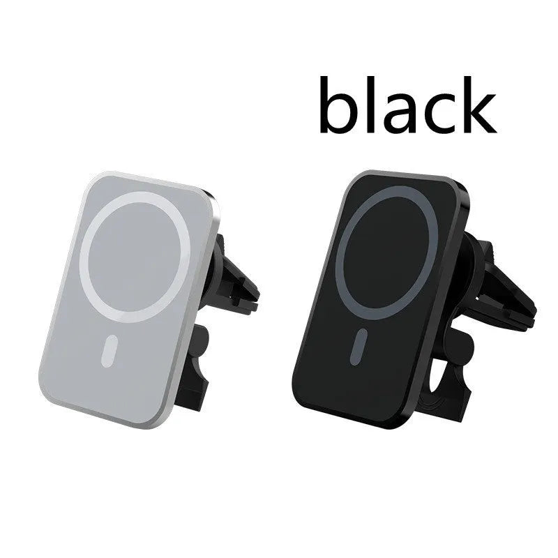 Black magnetic car wireless charger with air vent mount, N52 magnet, Type-C port, 15W output, aluminium alloy and ABS body