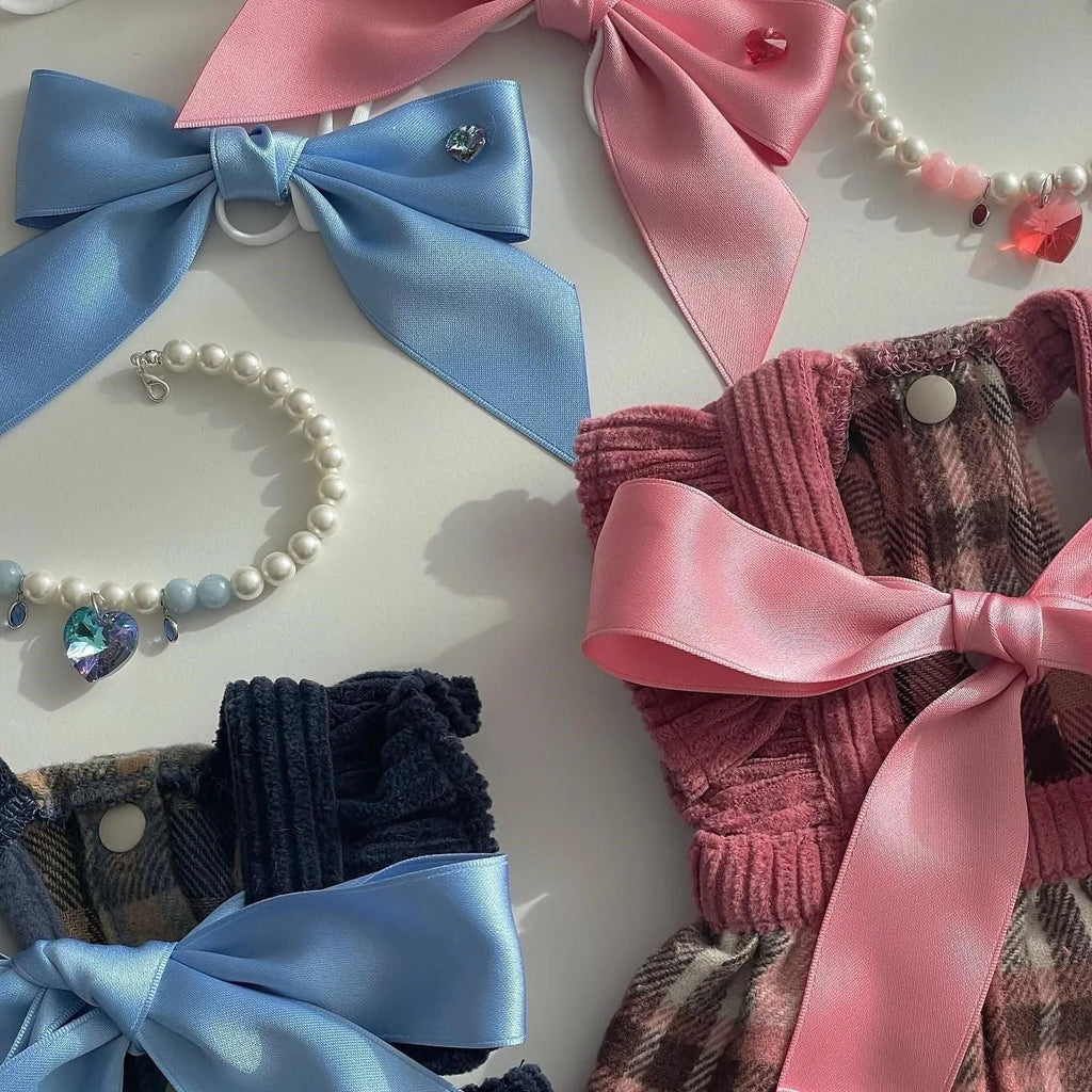 Adjustable princess style dog hair band with tension bow on polyester cotton ribbon