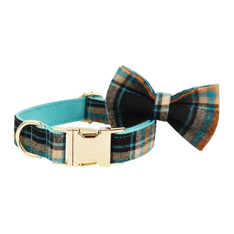 Green retro four-piece pet set with cloth collar, dog leash, bow, and dog vest in sizes XS to XL