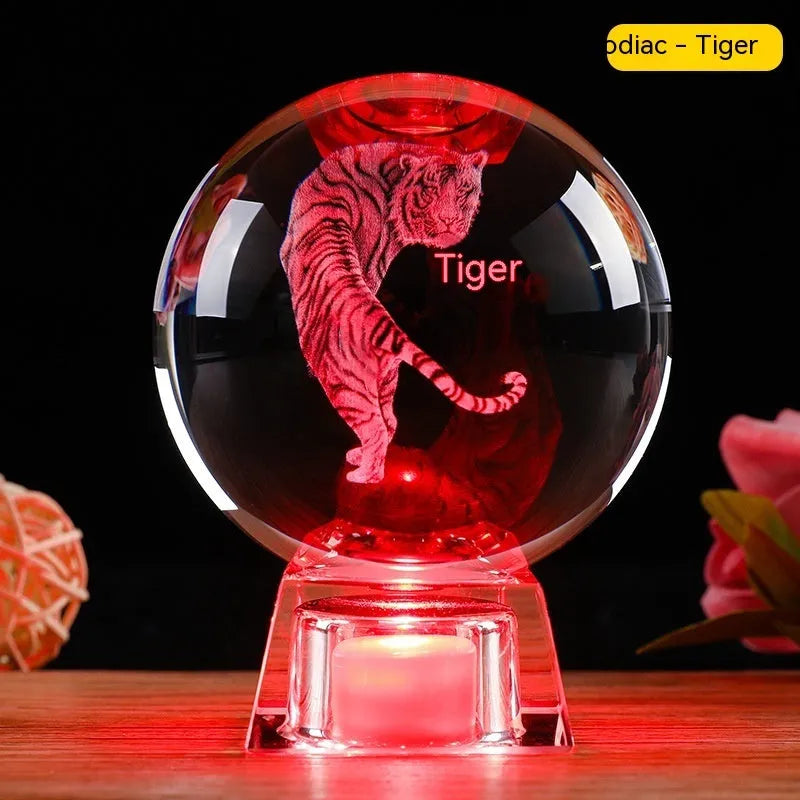White crystal ball lamp with Chinese zodiac animal figurine on LED electronic base