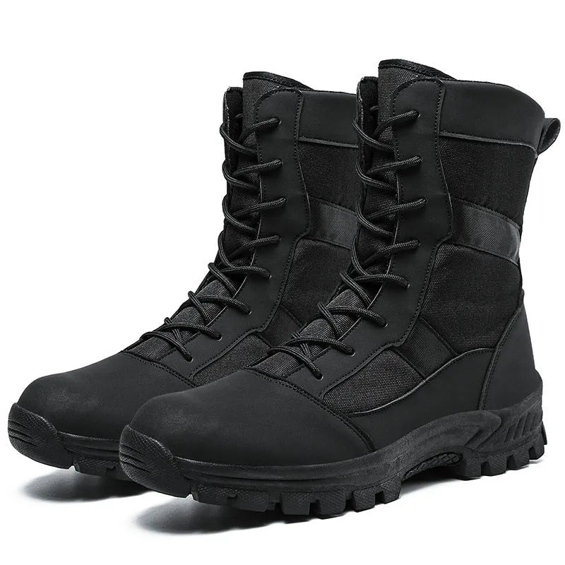 Men's black high-top combat boots with mesh upper and totem detailing, UK size 44