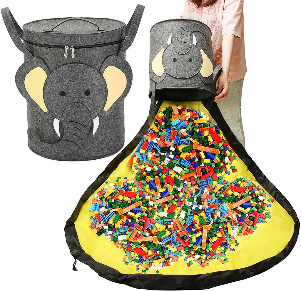 Green felt storage bag with pull rope that converts to toy play mat