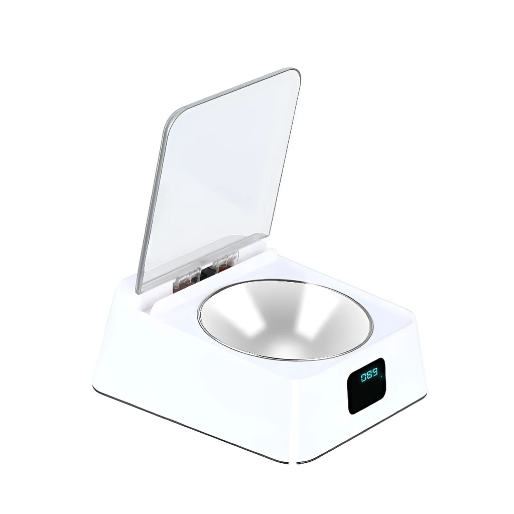 White automatic pet feeder with 5G bowl, compact size 210x170x92mm, gravity-fed design for dogs and cats