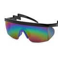 Sports sunglasses with colourful lens film, black half-frame, and curved foot piece for active outdoor use