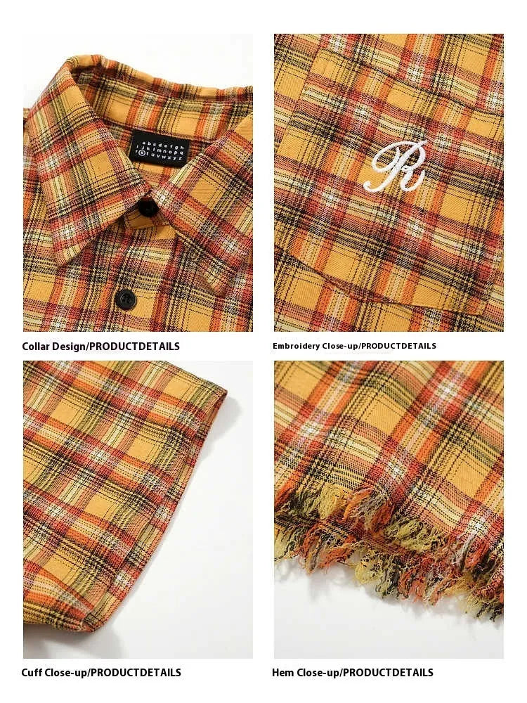 Yellow plaid short sleeve shirt with embroidery pocket detail in loose fit for men and women