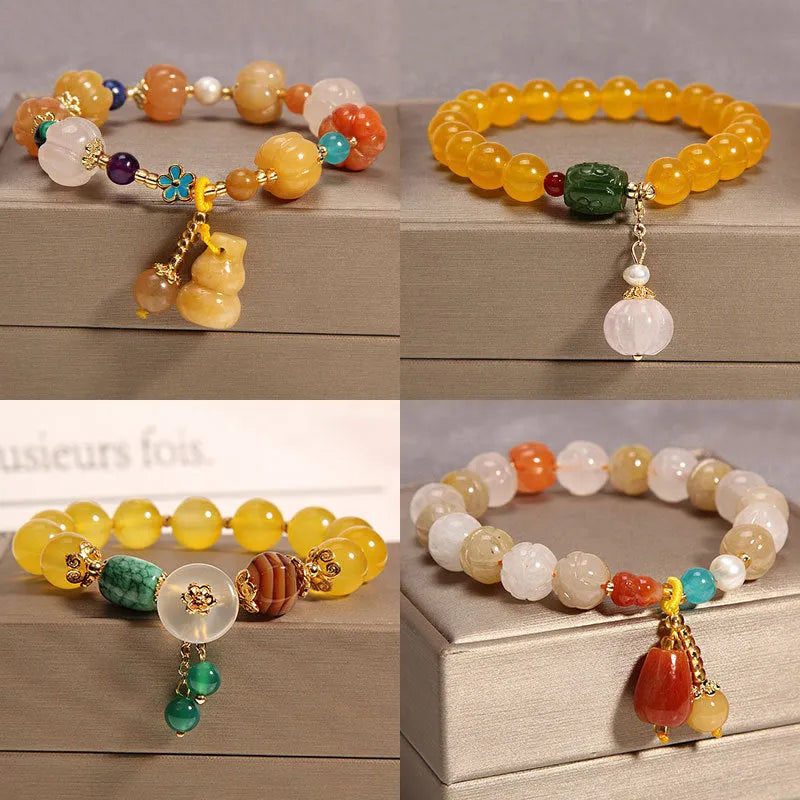 Khaki yellow agate crystal bracelet for women with gold silk threading