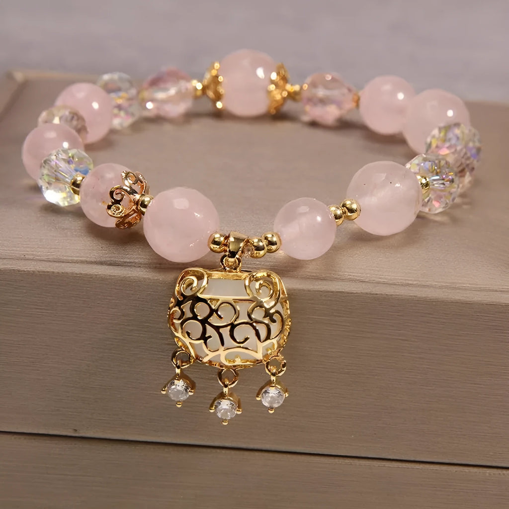 Khaki yellow agate crystal bracelet for women with gold silk threading
