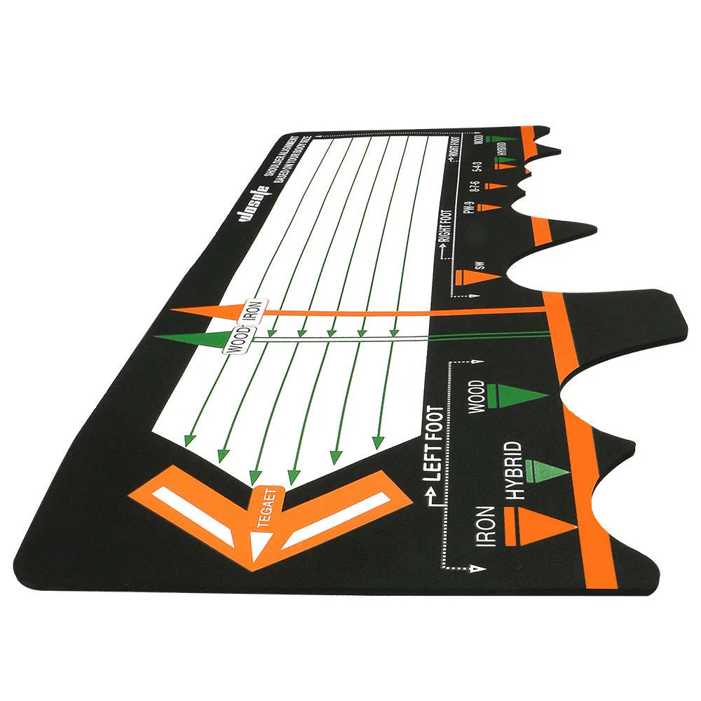 Black neoprene golf swing posture correction pad with alignment indicators for stance training