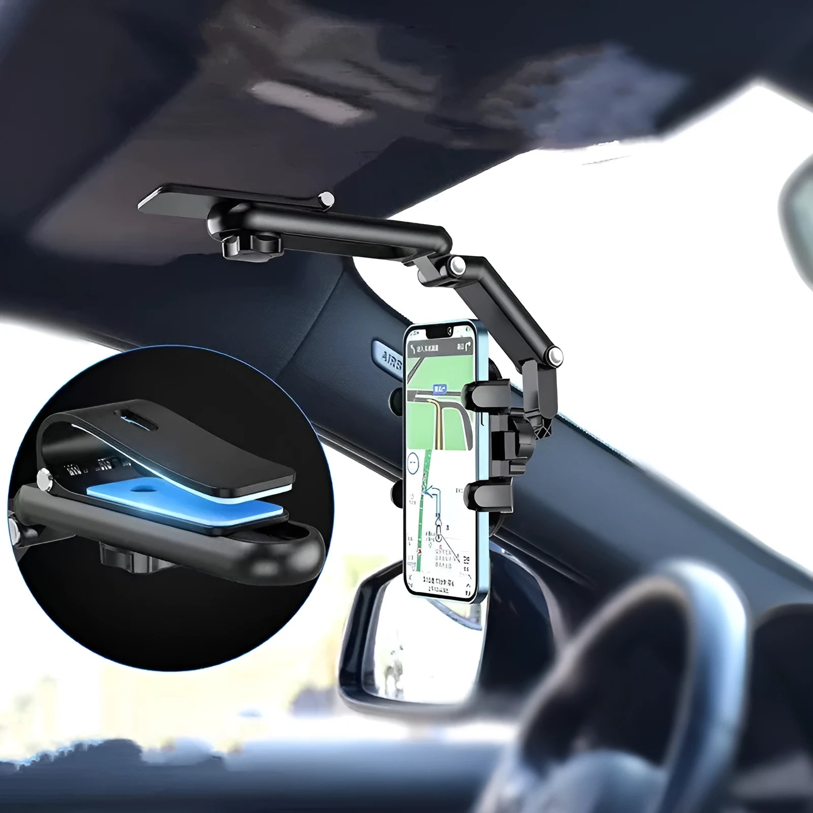 Black car sun visor mount with buckle attachment for rear seat sun protection
