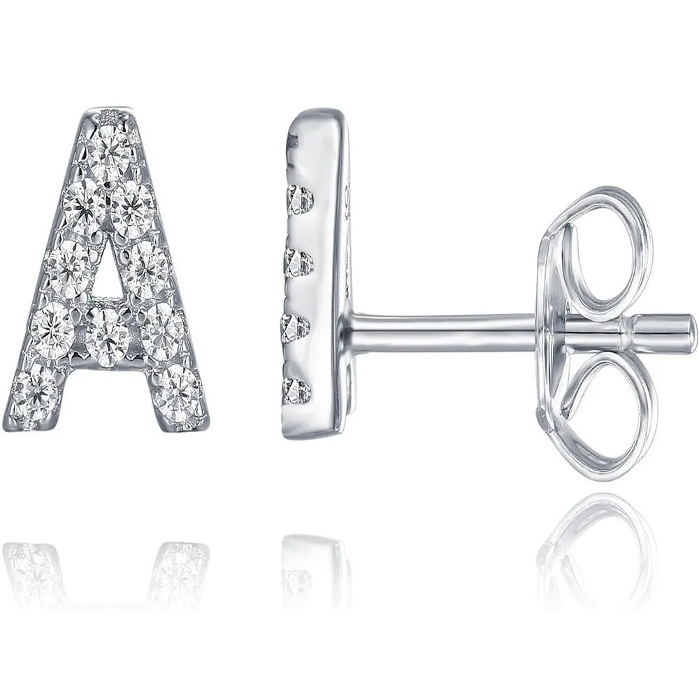 Brass gold plated alphabet letter earrings showing A to Z initial options with diamond treatment on zircon elements