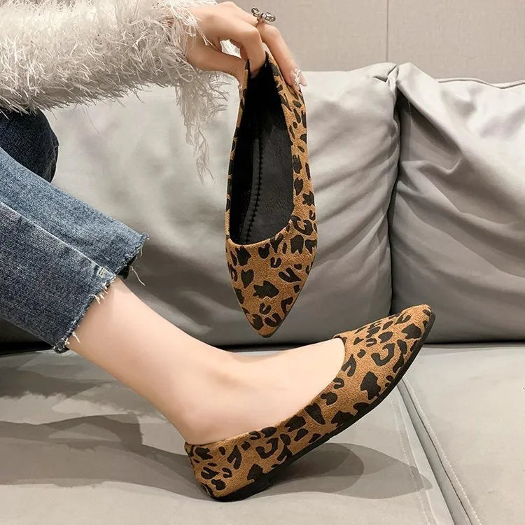 Women's leopard print flat pumps with pointed toe and low ankle strap