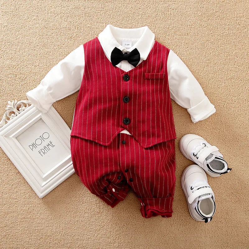 Wine red cotton baby boy romper with long sleeves and a single-breasted front, laying flat.