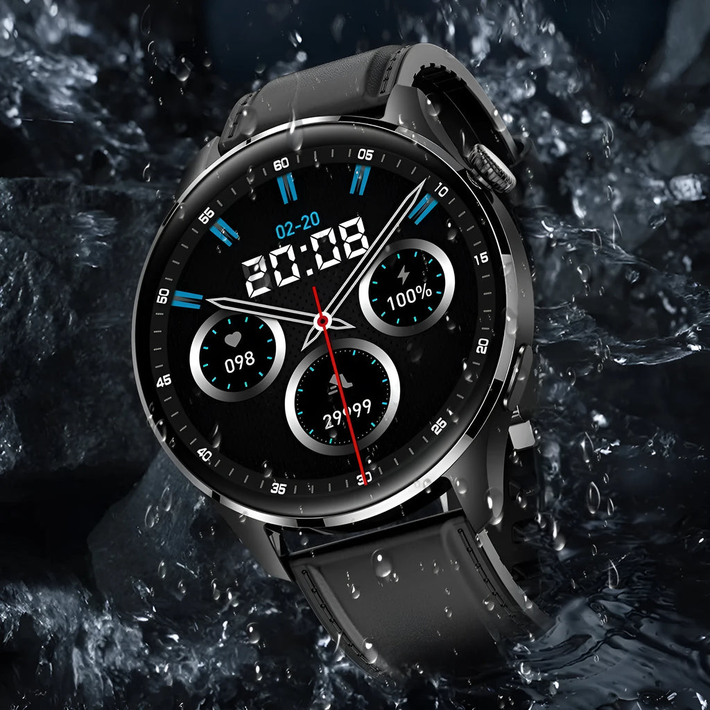 Black smartwatch with round colour screen on a silicone strap, showing calling interface.