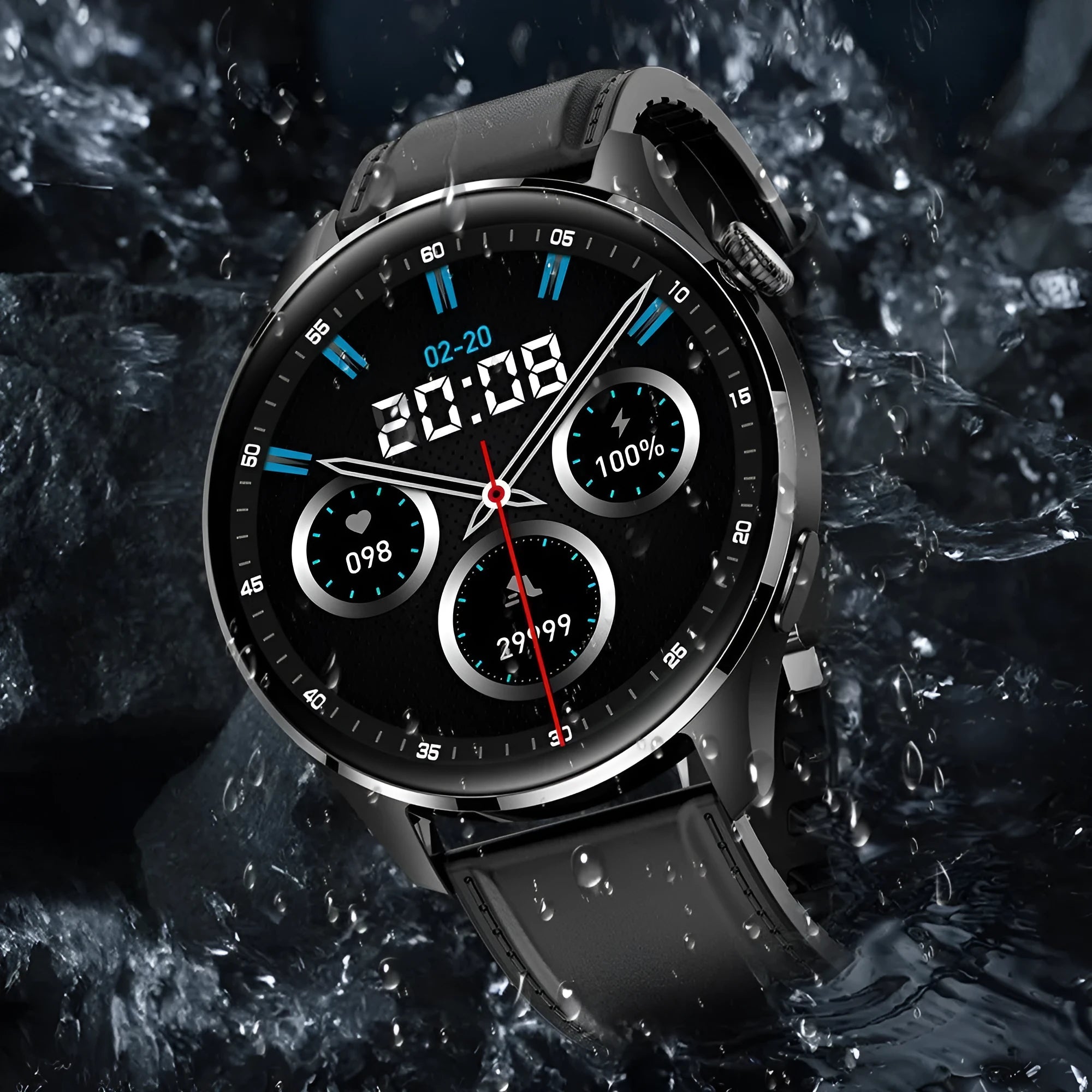 Black smartwatch with round colour screen on a silicone strap, showing calling interface.