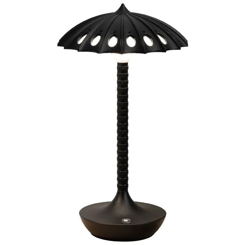 Black touch atmosphere small table lamp with warm 3000K light, geometric 3D cartoon style on bedside table