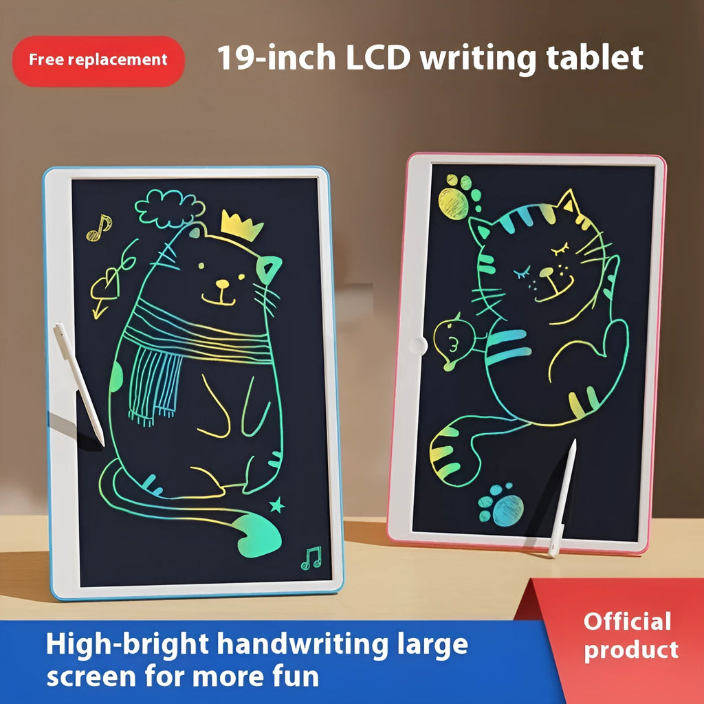 19-inch blue and white rechargeable LCD drawing board for children on a table.