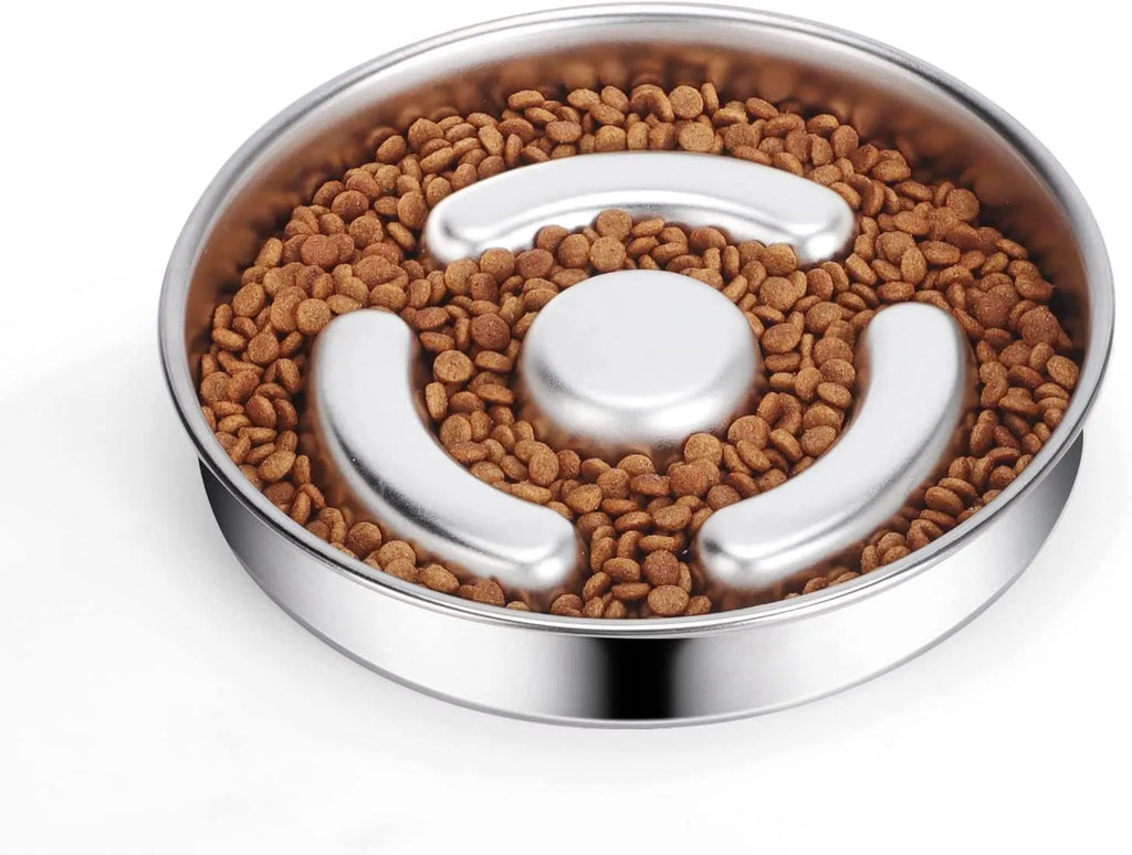 Stainless steel pet slow feeding bowl with neck protector, silver finish, single bowl for dogs and cats