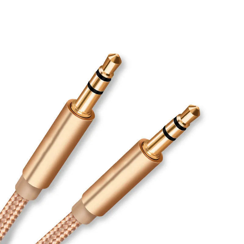 3.5mm male to male audio cable with gold-plated plugs, shown in black, gold, silver, and red lengths 1m to 3m